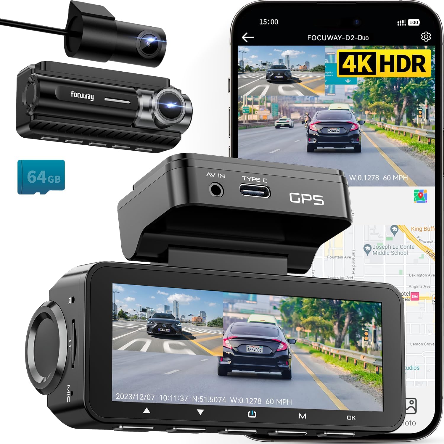 Front Back Camera Kit focuway Dash Cam Front And Rear 4K D2 Duo Two Cameras For Cars and Tru ...